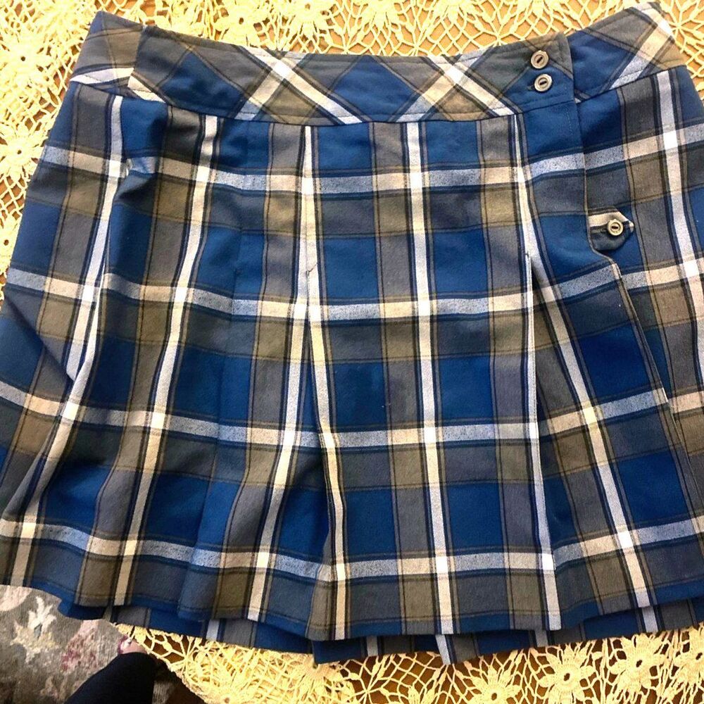 Schoolbelles® Plaid Pleated Skirt Blue Gray White Tartan Size 35×20S JR